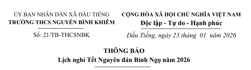 THÔNG BÁO LỊCH NGHỈ TẾT NGUYÊN ĐÁN BÍNH NGỌ NĂM 2026